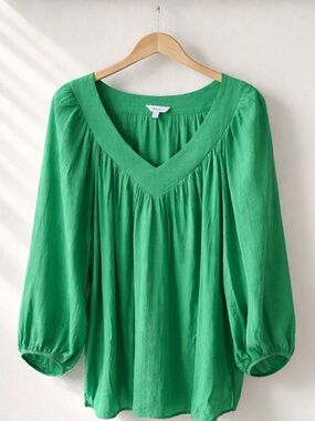 Reitmans Green V-Neck Puff Sleeve Peasant Blouse 2XL Fairycore Airy Viscose